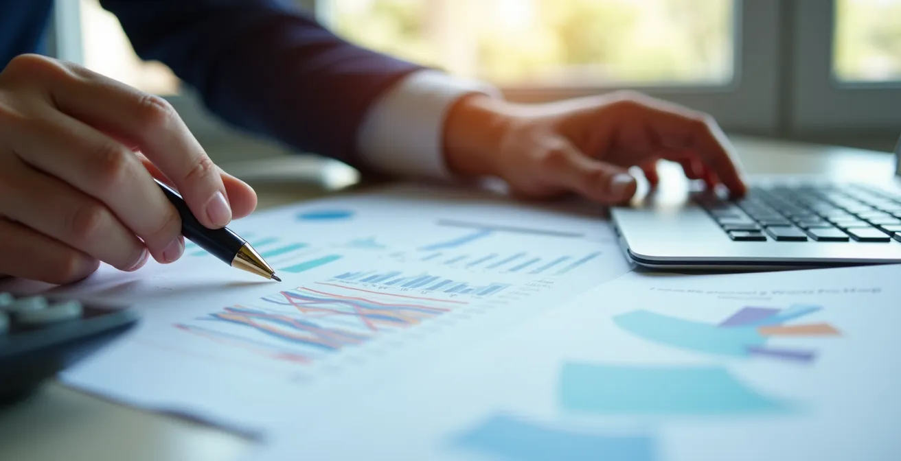 Mains professionnelles analysant des documents avec calculatrice et stylo
