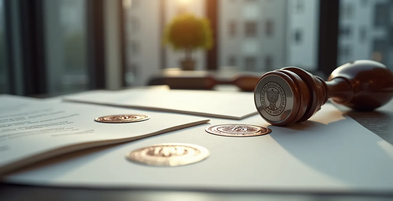 Bureau professionnel avec tampons officiels et documents administratifs
