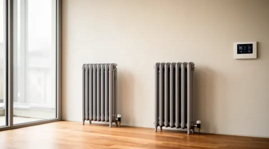 Radiateur en fonte avec système de pompe à chaleur et thermostats connectés dans un salon moderne