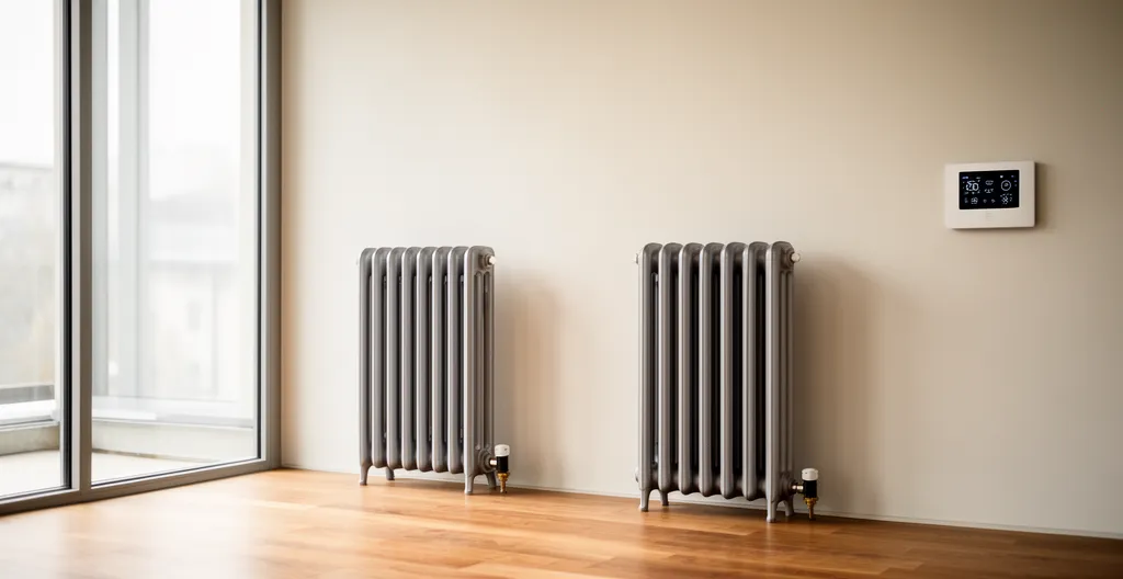 Radiateur en fonte avec système de pompe à chaleur et thermostats connectés dans un salon moderne