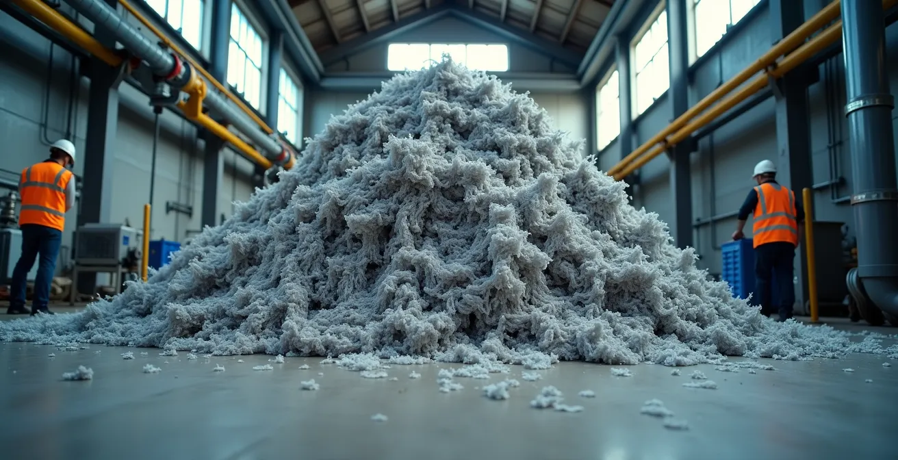 Accumulation massive de lingettes grises enchevêtrées formant un fatberg dans une station d'épuration