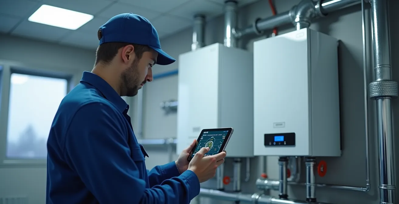 Technicien professionnel inspectant une chaudière murale moderne avec ses outils