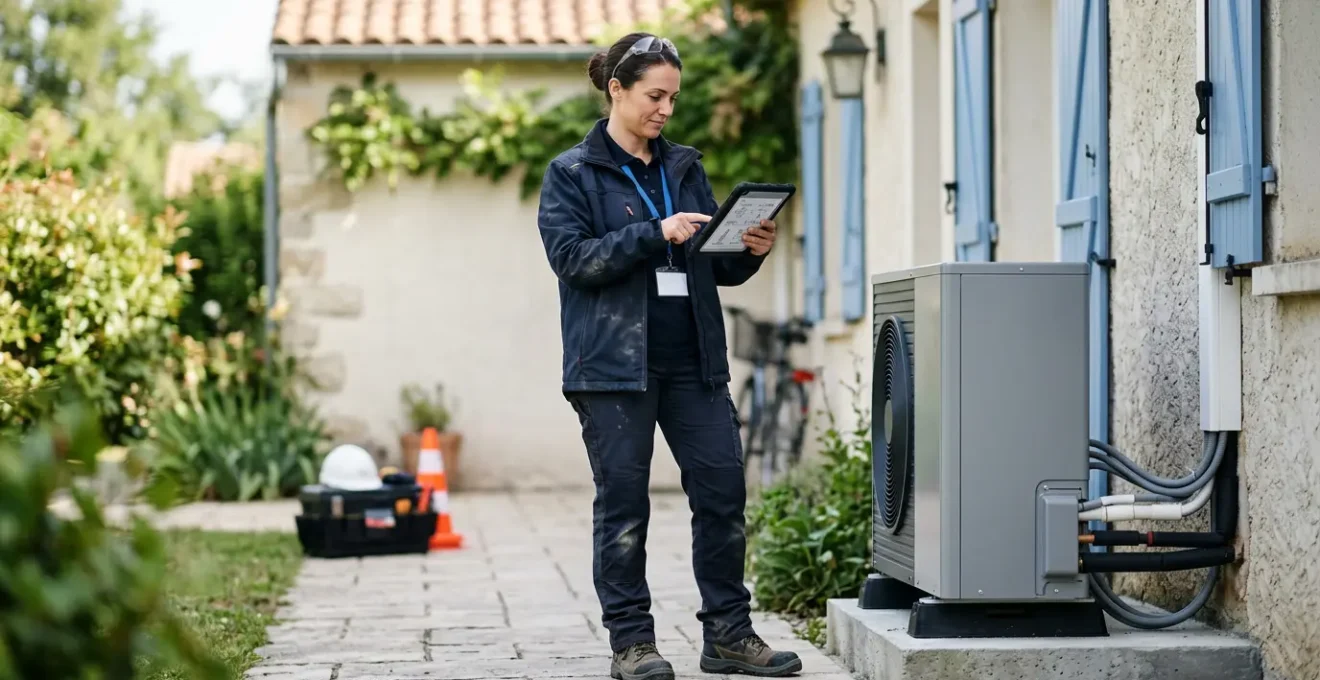 Professionnel RGE vérifiant les qualifications et certifications sur un chantier d'installation de pompe à chaleur