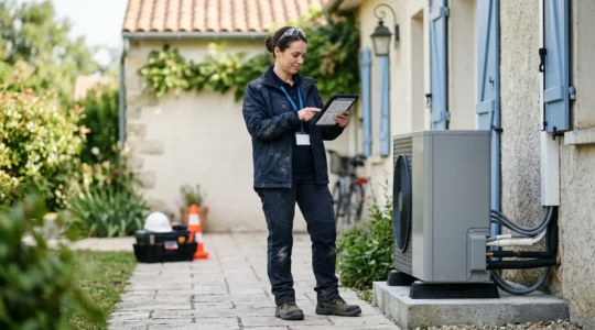 Professionnel RGE vérifiant les qualifications et certifications sur un chantier d'installation de pompe à chaleur