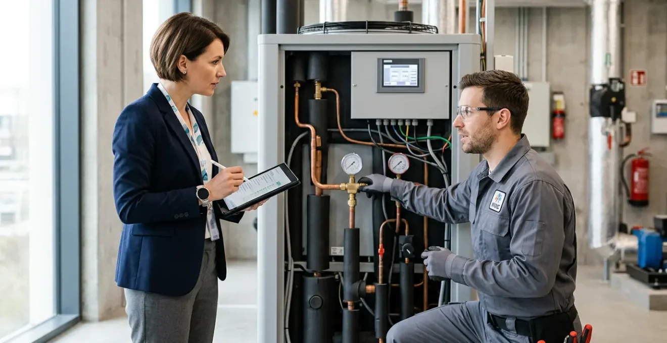 Vue d'ensemble d'un audit technique sur chantier avec installateur et contrôleur examinant une pompe à chaleur
