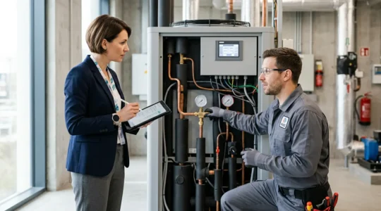 Vue d'ensemble d'un audit technique sur chantier avec installateur et contrôleur examinant une pompe à chaleur
