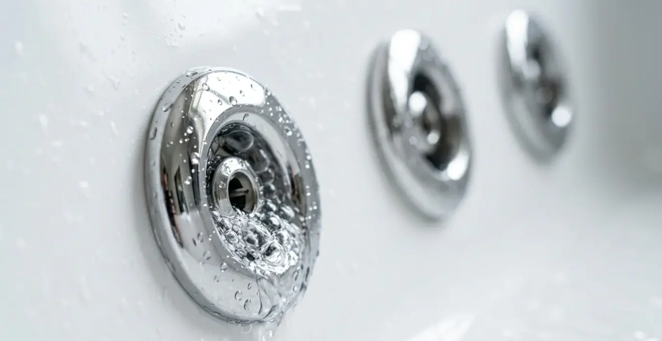 Vue détaillée des jets d'une baignoire balnéo en cours de nettoyage avec système de désinfection