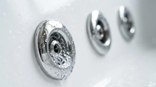 Vue détaillée des jets d'une baignoire balnéo en cours de nettoyage avec système de désinfection