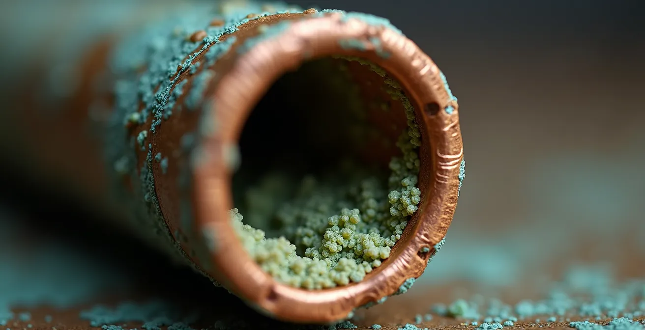 Vue macro d'une coupe de tuyau en cuivre montrant le biofilm à l'intérieur