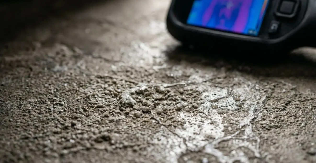 Caméra thermique analysant un sol béton sans détection visible de fuite d'eau froide