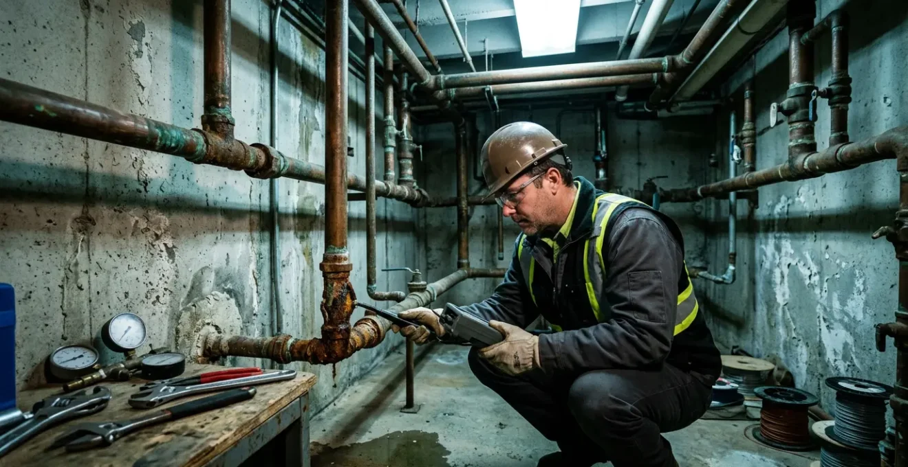 Inspection de canalisations anciennes avec détection de traces de plomb dans un sous-sol