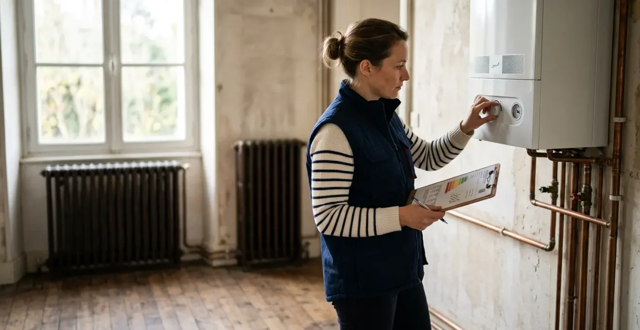 Expert en diagnostic énergétique inspectant une chaudière gaz moderne dans une maison avec des radiateurs en fonte visibles à l'arrière-plan