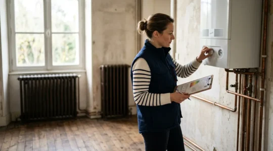 Expert en diagnostic énergétique inspectant une chaudière gaz moderne dans une maison avec des radiateurs en fonte visibles à l'arrière-plan