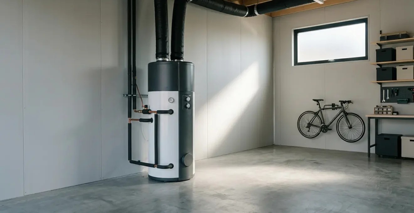 Installation d'un chauffe-eau thermodynamique dans un garage moderne avec isolation et gainage visible