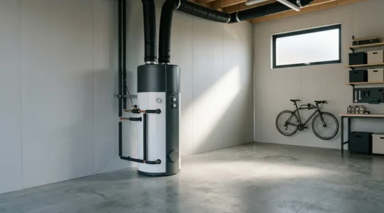 Installation d'un chauffe-eau thermodynamique dans un garage moderne avec isolation et gainage visible