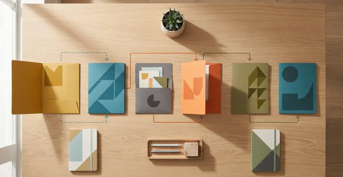 Vue aérienne d'un bureau avec documents administratifs organisés chronologiquement