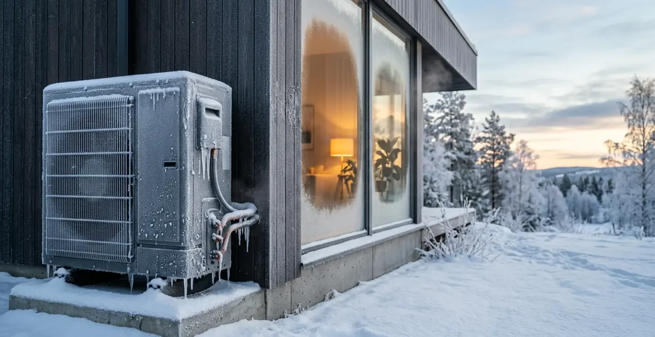 Unité extérieure de climatisation réversible couverte de givre en hiver avec maison moderne en arrière-plan