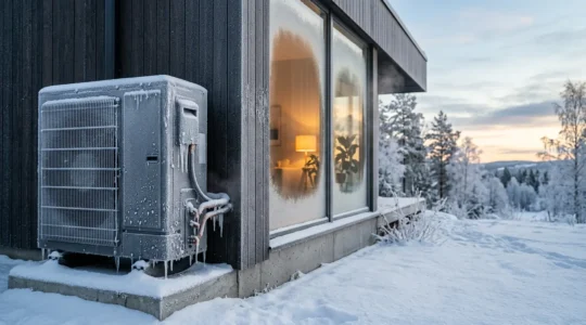 Unité extérieure de climatisation réversible couverte de givre en hiver avec maison moderne en arrière-plan