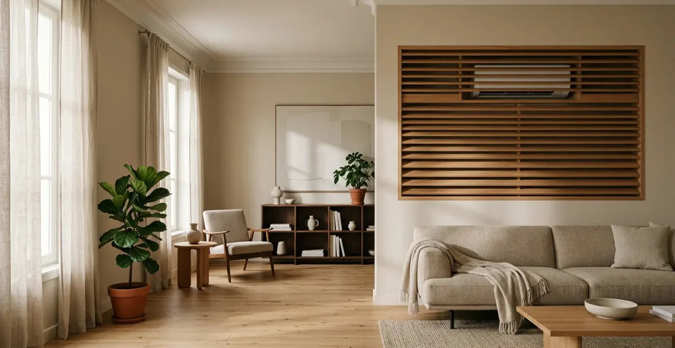 Climatiseur split intégré harmonieusement dans un salon contemporain avec coffrage bois décoratif