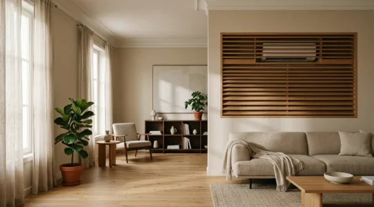 Climatiseur split intégré harmonieusement dans un salon contemporain avec coffrage bois décoratif