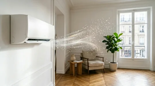 Unité de climatisation murale avec flux d'air visible transportant particules de pollen et poussières dans un intérieur français