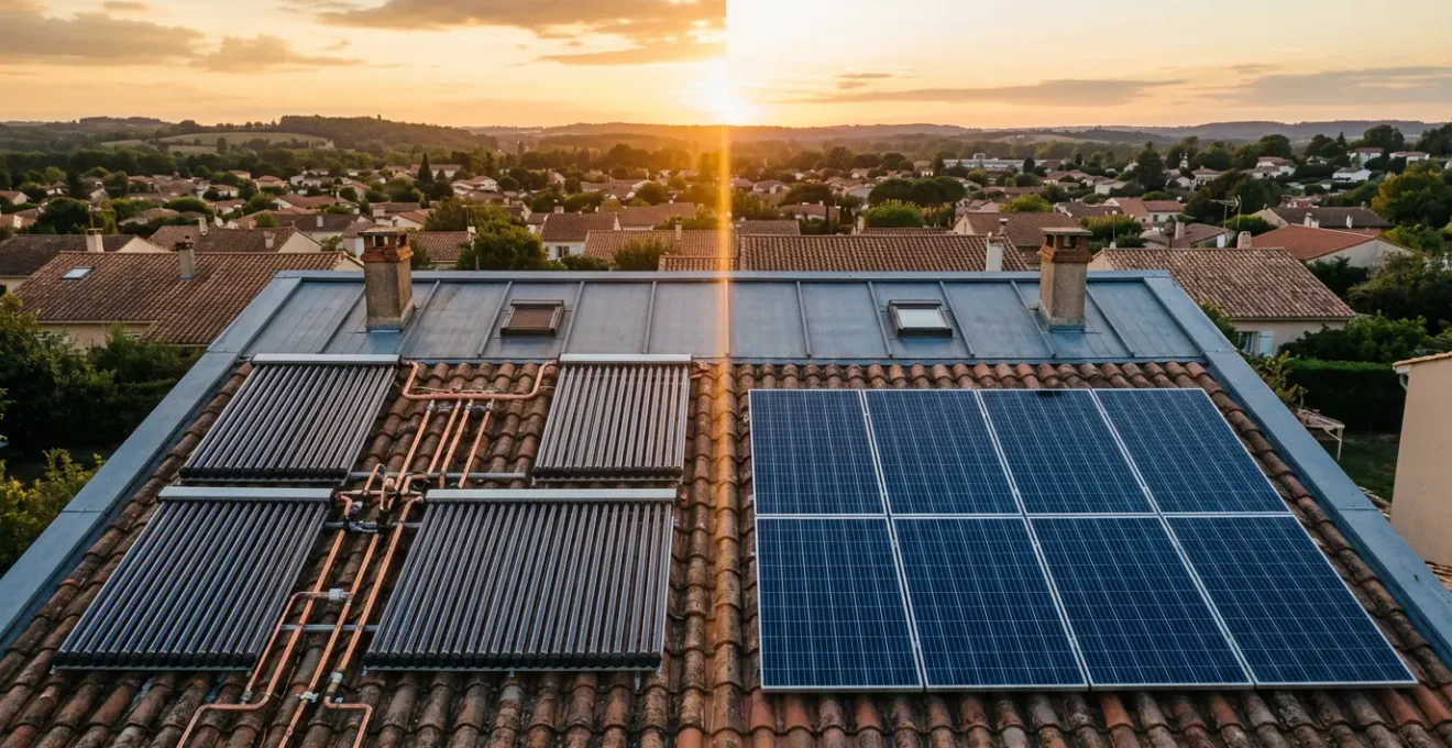 Vue comparative entre capteurs solaires thermiques et panneaux photovoltaïques sur un toit de maison française