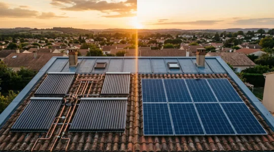 Vue comparative entre capteurs solaires thermiques et panneaux photovoltaïques sur un toit de maison française