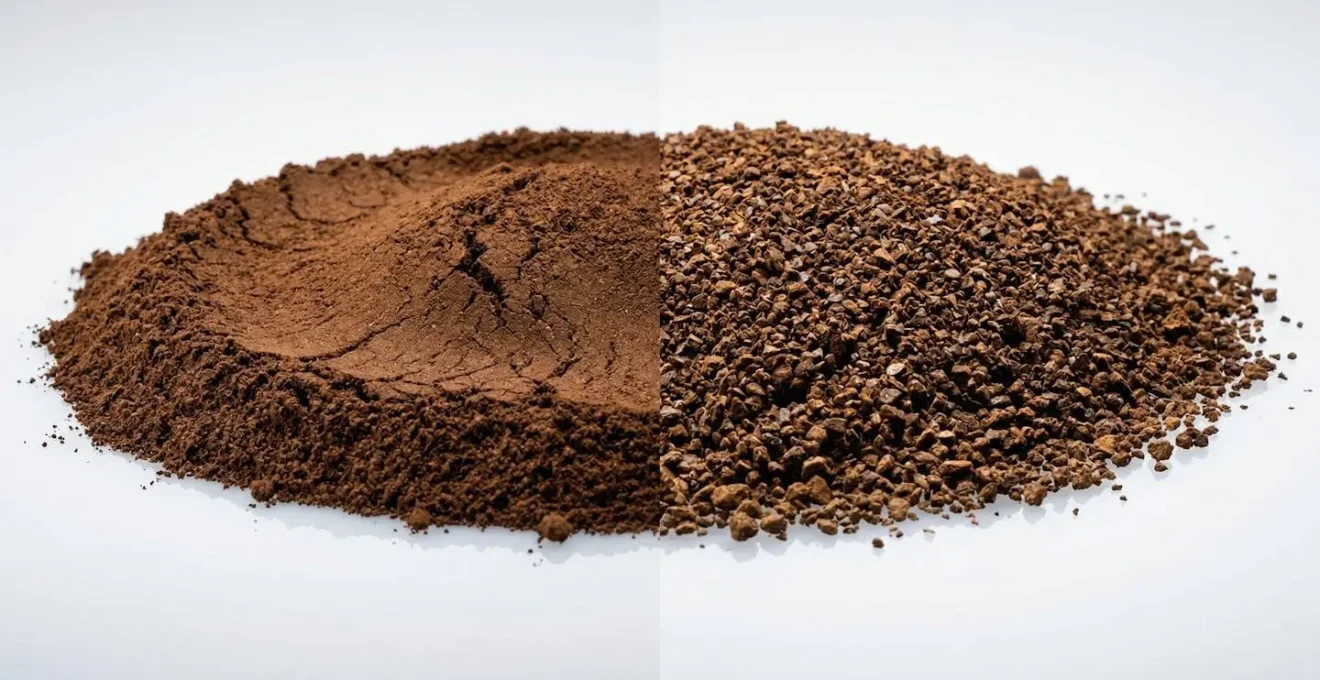 Comparaison visuelle entre la texture fine du marc de café d'expresso et celle plus grossière du café filtre, illustrant leur potentiel d'obstruction.