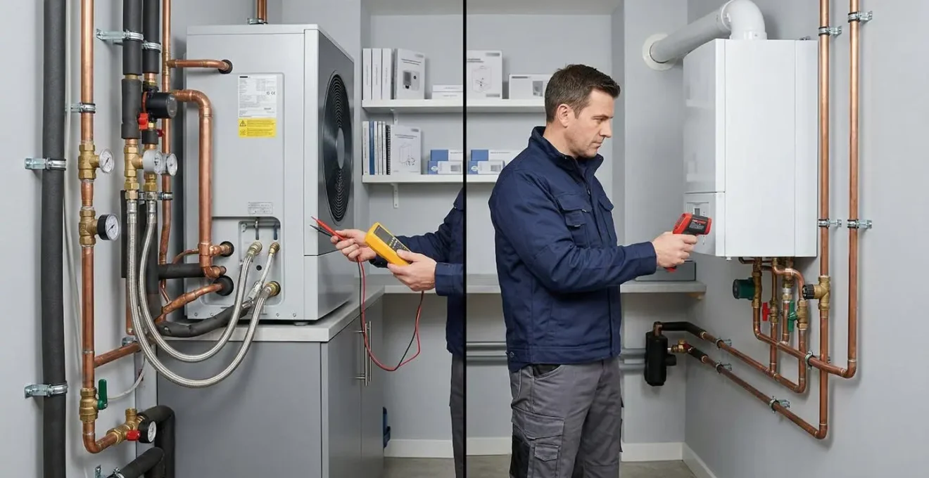 Technicien installateur comparant une pompe à chaleur et une chaudière gaz dans une chaufferie de maison individuelle
