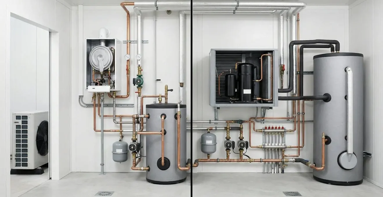 Système PAC hybride avec chaudière gaz d'appoint comparé à une PAC 100% électrique dans une chaufferie française