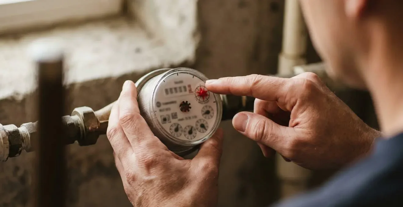Vue rapprochée d'un compteur d'eau avec focus sur la roue témoin rouge en rotation