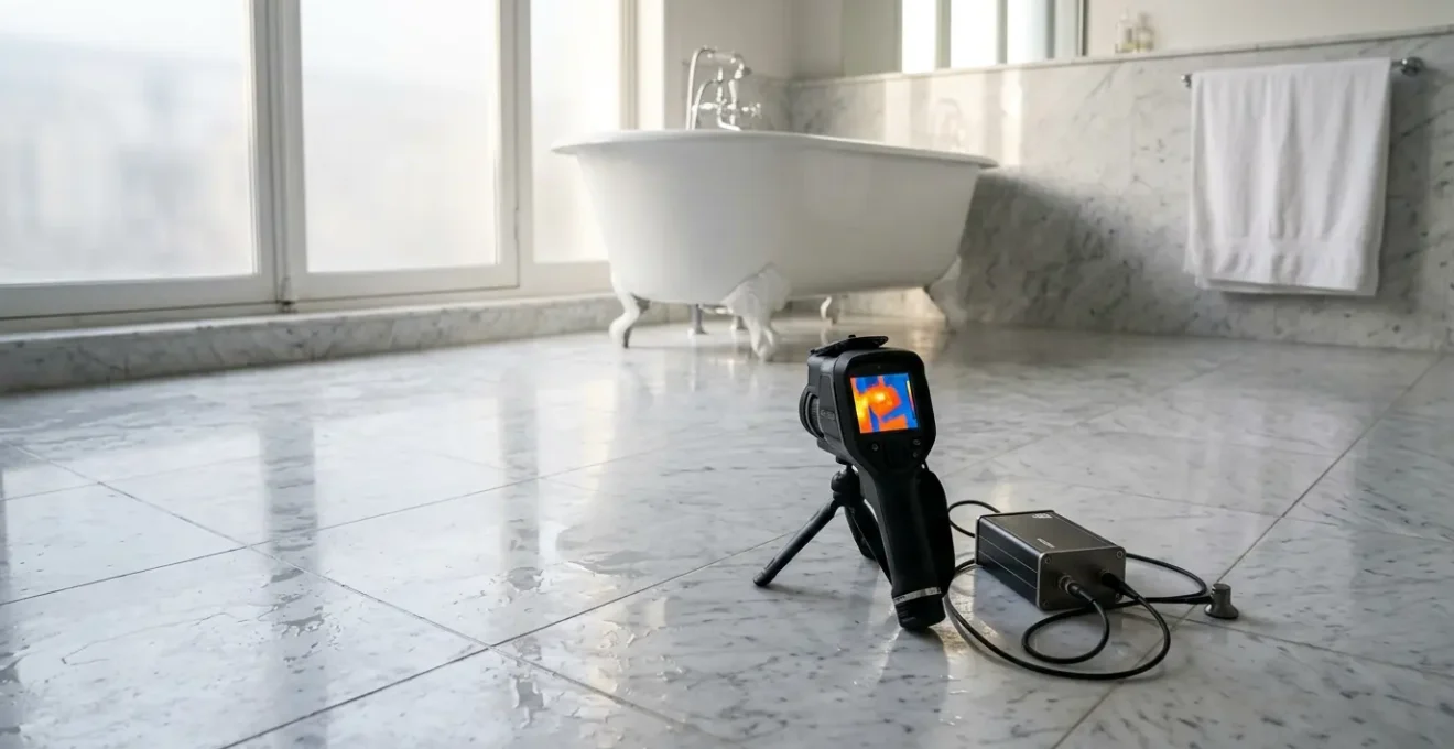 Détection professionnelle de fuite d'eau dans une salle de bain luxueuse avec sol en marbre