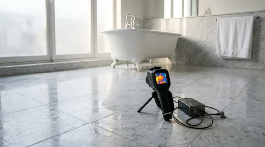 Détection professionnelle de fuite d'eau dans une salle de bain luxueuse avec sol en marbre