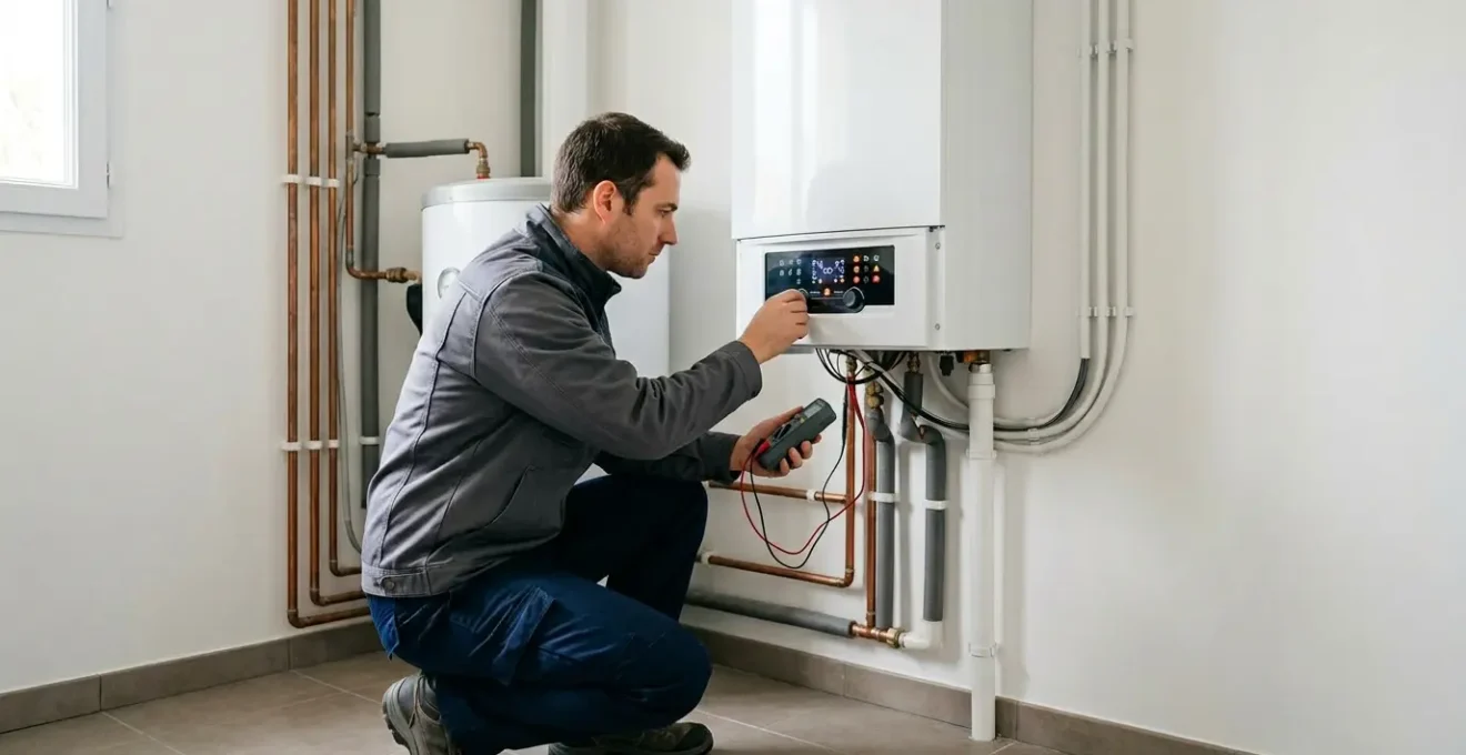 Technicien examine l'écran d'affichage d'une chaudière moderne avec codes erreur dans une chaufferie française
