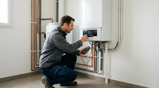 Technicien examine l'écran d'affichage d'une chaudière moderne avec codes erreur dans une chaufferie française