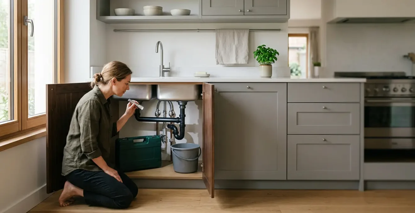 Vue d'ensemble d'une cuisine moderne montrant un propriétaire inspectant calmement sous un évier avec une lampe torche