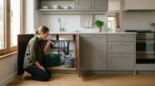 Vue d'ensemble d'une cuisine moderne montrant un propriétaire inspectant calmement sous un évier avec une lampe torche