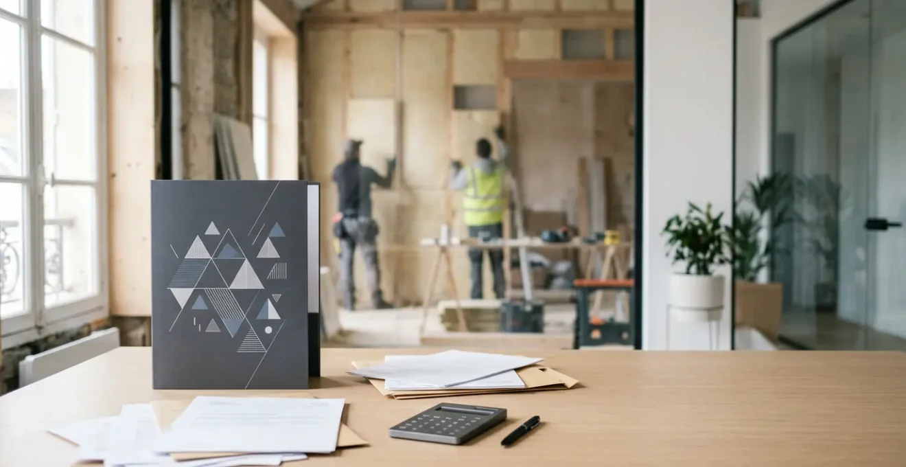 Bureau administratif avec dossier MaPrimeRénov et documents éparpillés