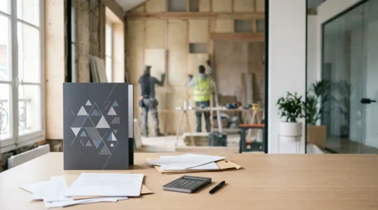 Bureau administratif avec dossier MaPrimeRénov et documents éparpillés