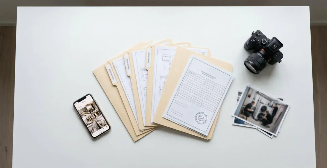 Organisation méthodique d'un dossier de preuves pour audit avec documents et photos de chantier
