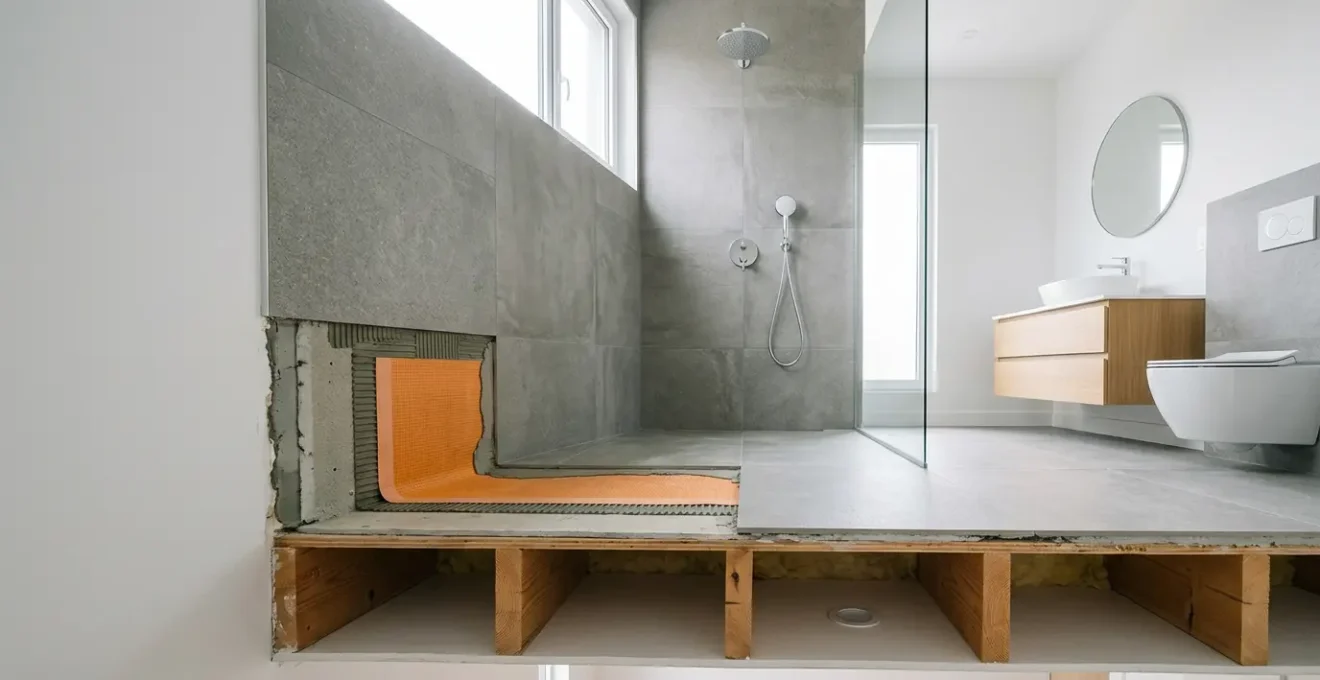 Vue en coupe d'une douche à l'italienne à l'étage avec détail du système d'étanchéité protégeant le plafond inférieur