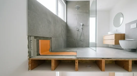 Vue en coupe d'une douche à l'italienne à l'étage avec détail du système d'étanchéité protégeant le plafond inférieur