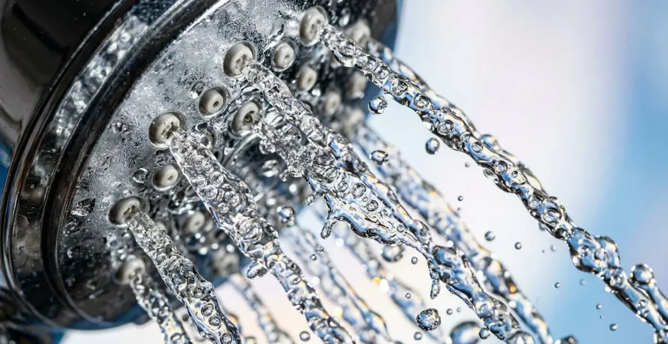 Gros plan macro sur une douchette moderne montrant les microjets d'eau mélangés à l'air