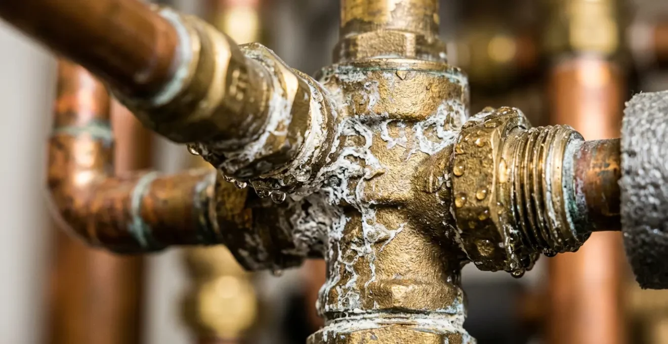 Gros plan sur un groupe de sécurité de chauffe-eau avec traces d'humidité et calcaire