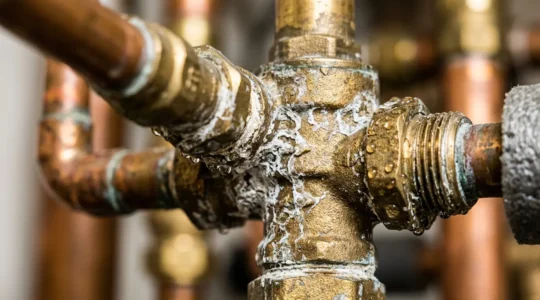 Gros plan sur un groupe de sécurité de chauffe-eau avec traces d'humidité et calcaire