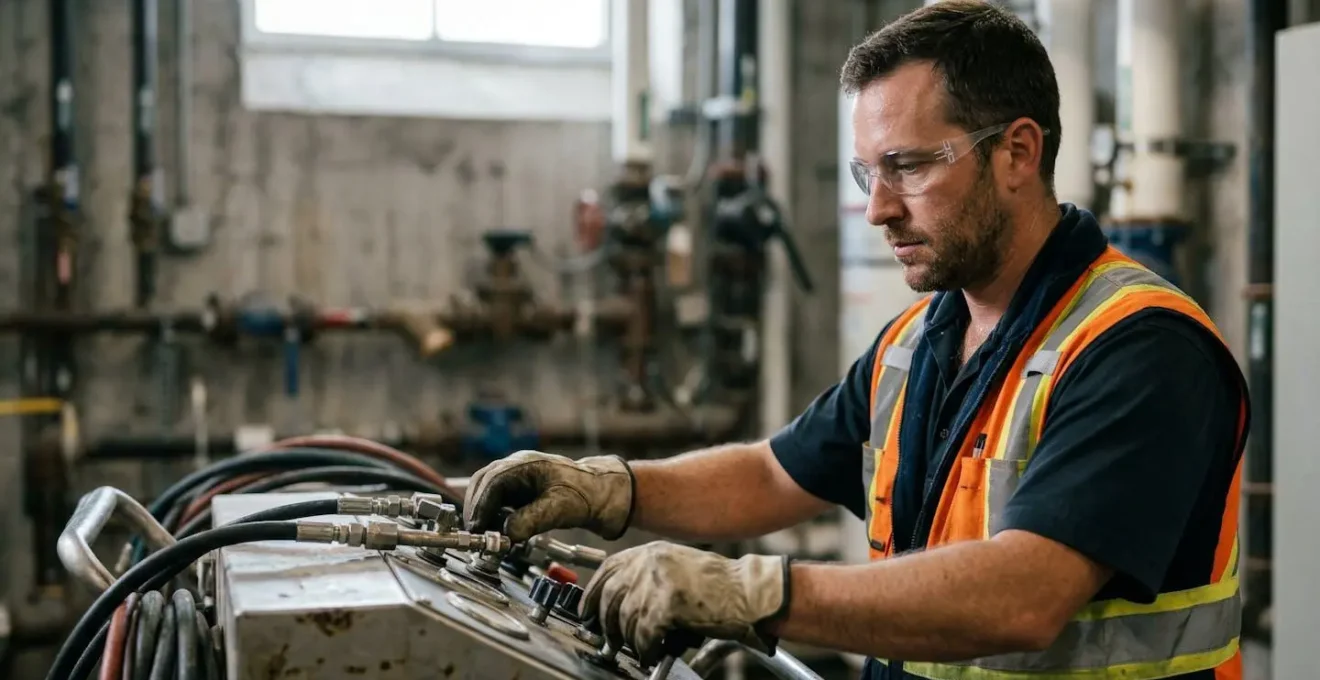 Technicien professionnel effectuant un hydrocurage dans un immeuble