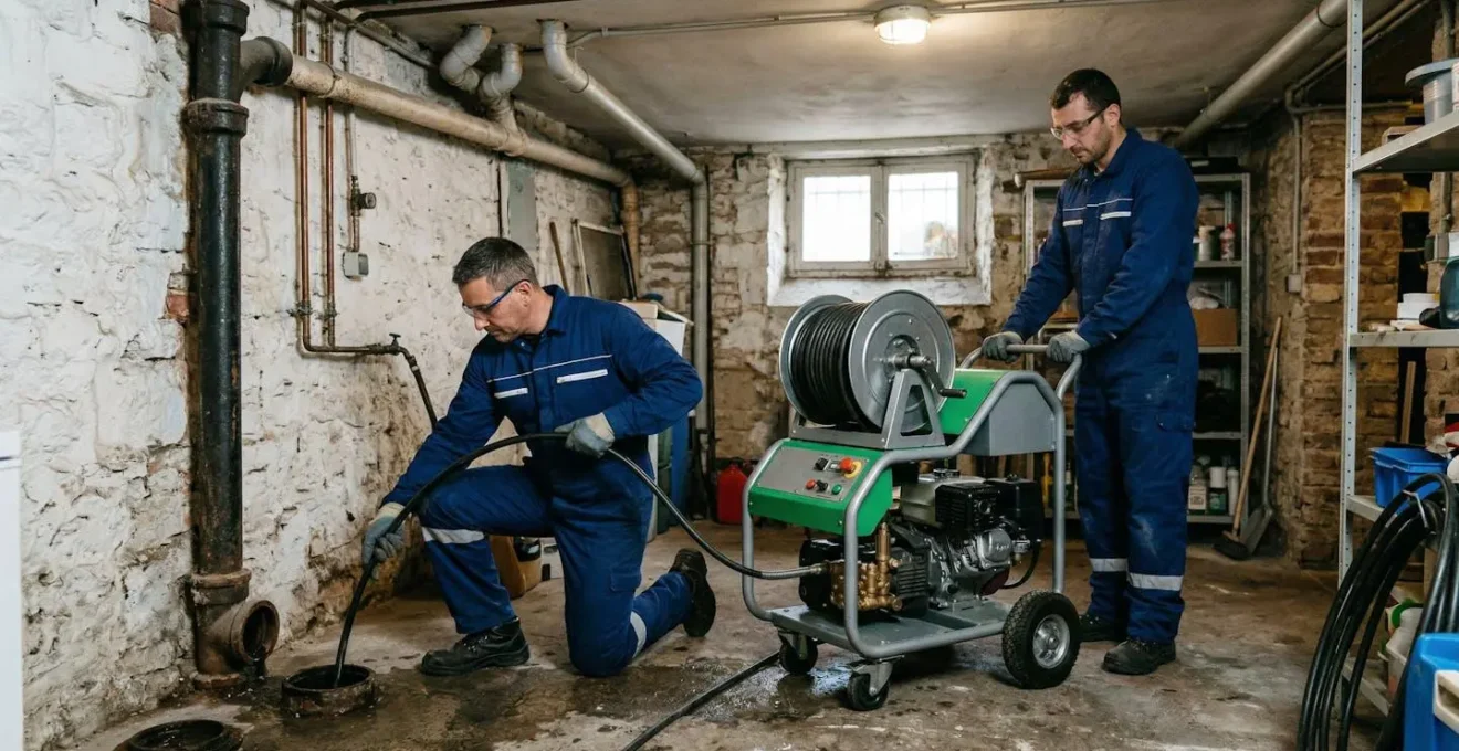Équipe de professionnels effectuant un hydrocurage préventif sur les colonnes d'un immeuble en France.