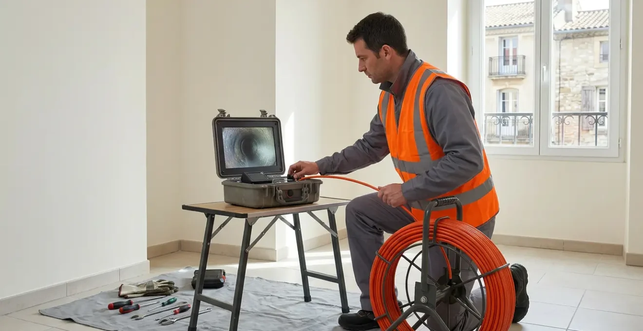 Vue technique d'une inspection de canalisation par caméra endoscopique révélant un défaut dans le réseau d'assainissement