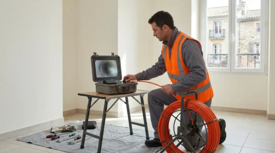 Vue technique d'une inspection de canalisation par caméra endoscopique révélant un défaut dans le réseau d'assainissement