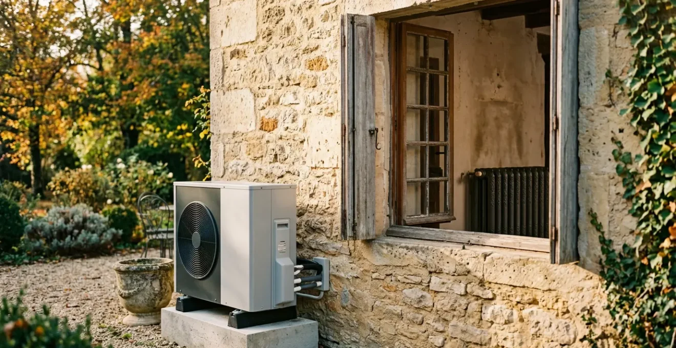 Installation de pompe à chaleur connectée à des radiateurs en fonte dans une maison française